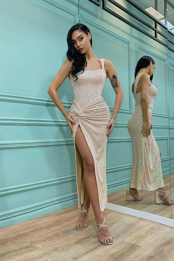 Mermaid Square Neck Ruched Twist Detail Maxi Dress With Slit
