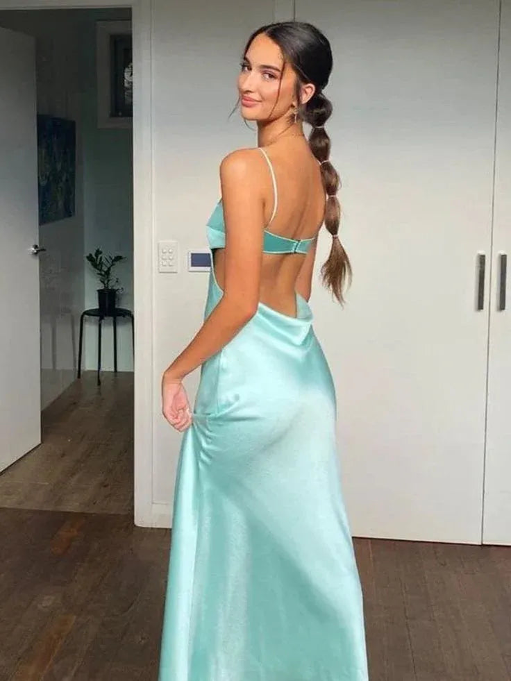 Mermaid Straight Neck Spaghetti Strap Cutout Open Back Floor-Length Maxi Dress