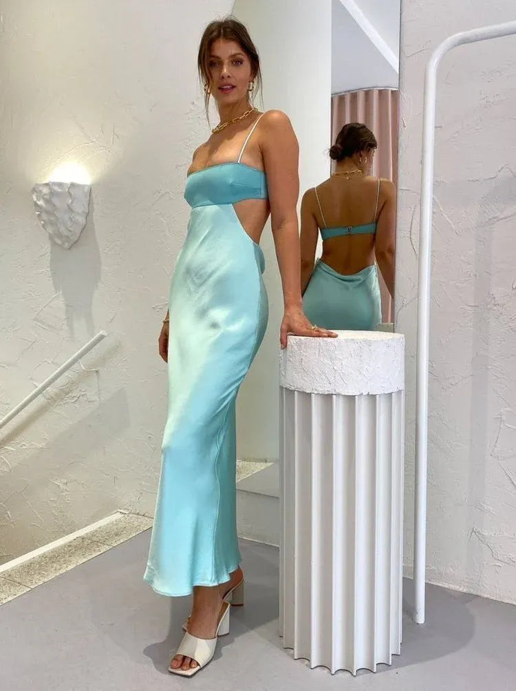 Mermaid Straight Neck Spaghetti Strap Cutout Open Back Floor-Length Maxi Dress