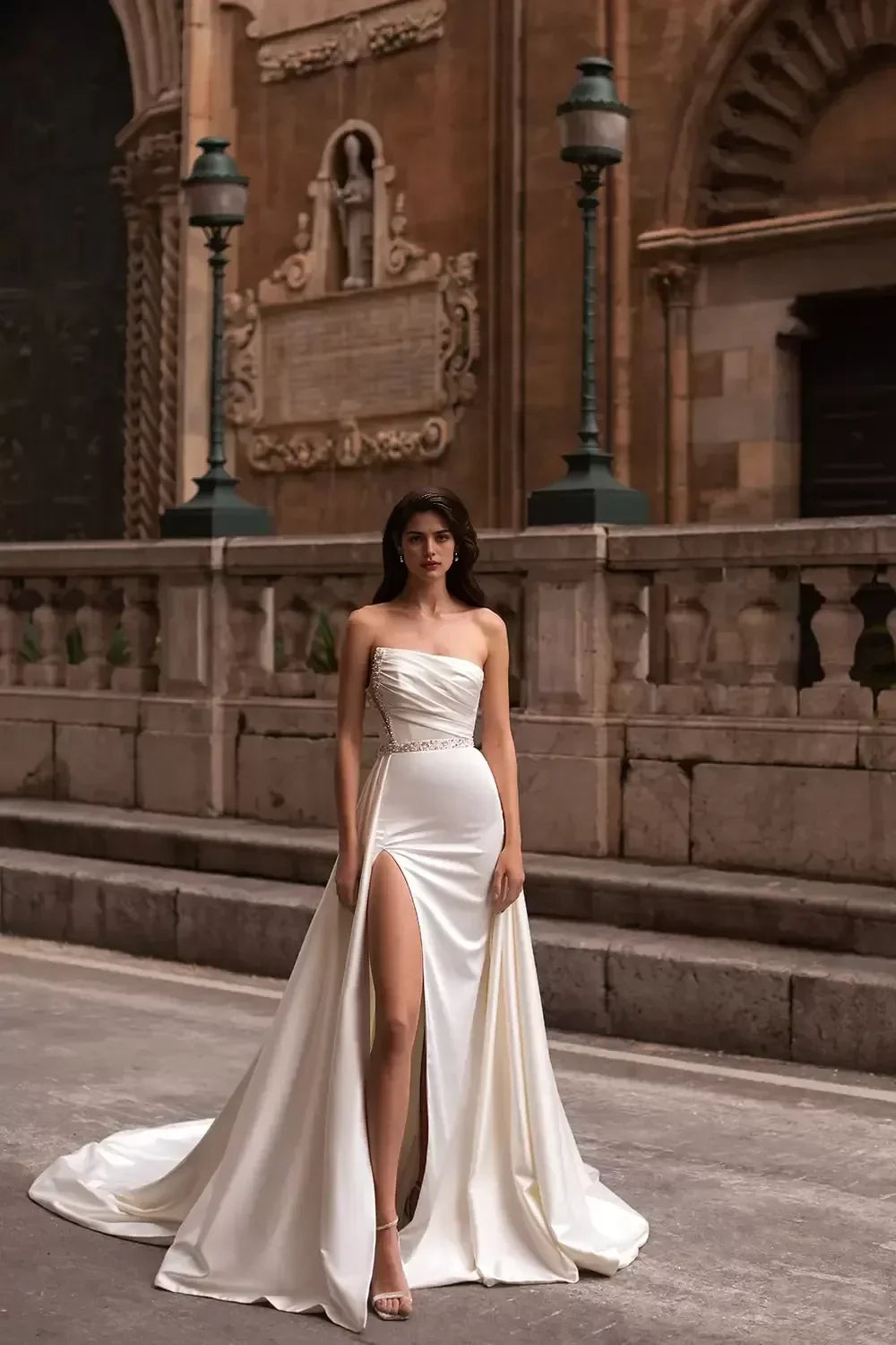 Glamorous Mermaid Strapless Beaded High Slit Back Long Length Wedding Dress