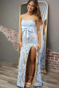 Mermaid Strapless Applique Bow Detail High Slit Evening Dress