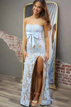 Mermaid Strapless Applique Bow Detail High Slit Evening Dress