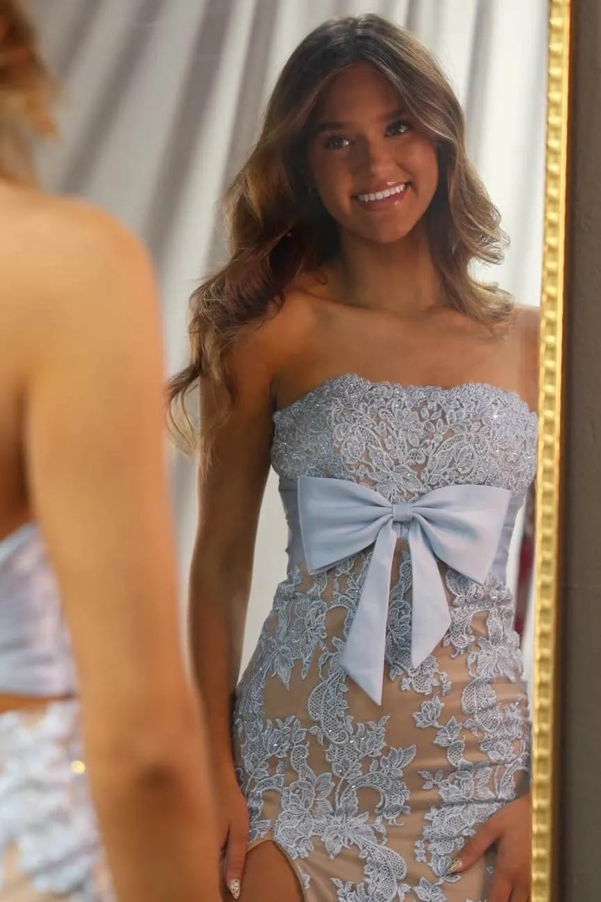 Mermaid Strapless Applique Bow Detail High Slit Evening Dress