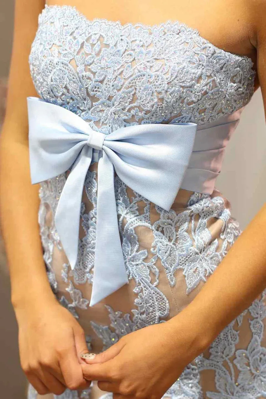 Mermaid Strapless Applique Bow Detail High Slit Evening Dress
