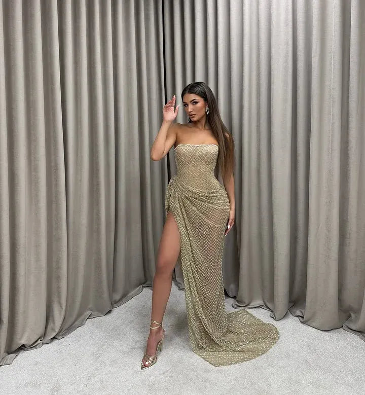 Mermaid Strapless Sheer Beaded Ruched Maxi Dress With Slit & Train