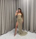 Mermaid Strapless Sheer Beaded Ruched Maxi Dress With Slit & Train