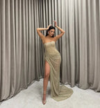 Mermaid Strapless Sheer Beaded Ruched Maxi Dress With Slit & Train