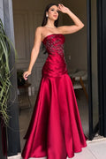 Mermaid Strapless Sleeveless Beaded Ruched Maxi Evening Dress