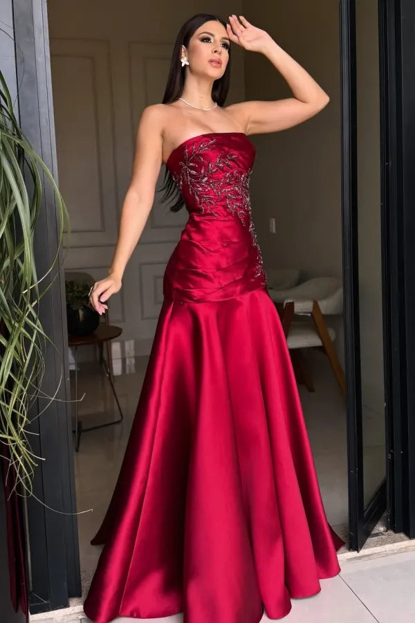 Mermaid Strapless Sleeveless Beaded Ruched Maxi Evening Dress