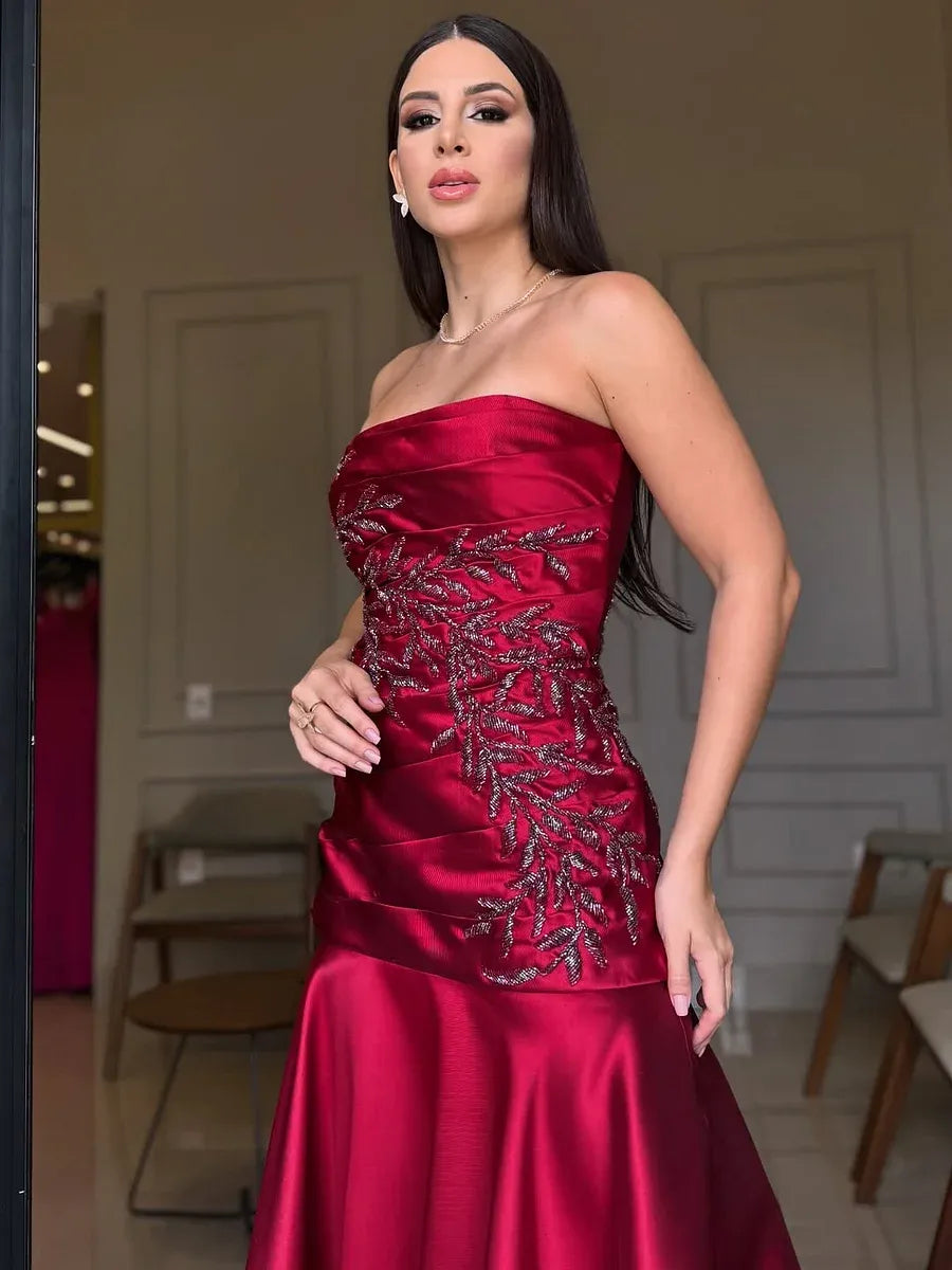 Mermaid Strapless Sleeveless Beaded Ruched Maxi Evening Dress