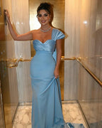 Mermaid Strapless Sleeveless Draped Maxi Evening Dress With Train