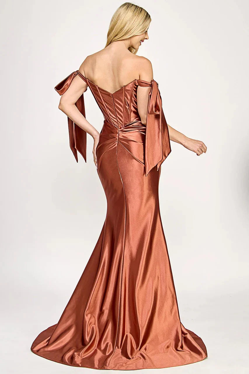 Glamorous Mermaid Sweetheart Neck Off Shoulder Tie Sleeve Open Back High Slit Train Length Evening Dress