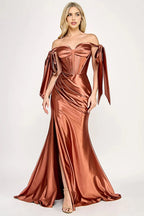 Glamorous Mermaid Sweetheart Neck Off Shoulder Tie Sleeve Open Back High Slit Train Length Evening Dress