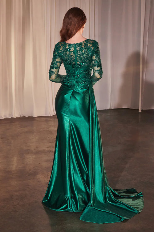 Glamorous Mermaid V Neck Long Sleeve Sheer Back Floor Length Prom Dress
