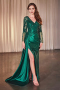 Glamorous Mermaid V Neck Long Sleeve Sheer Back Floor Length Prom Dress