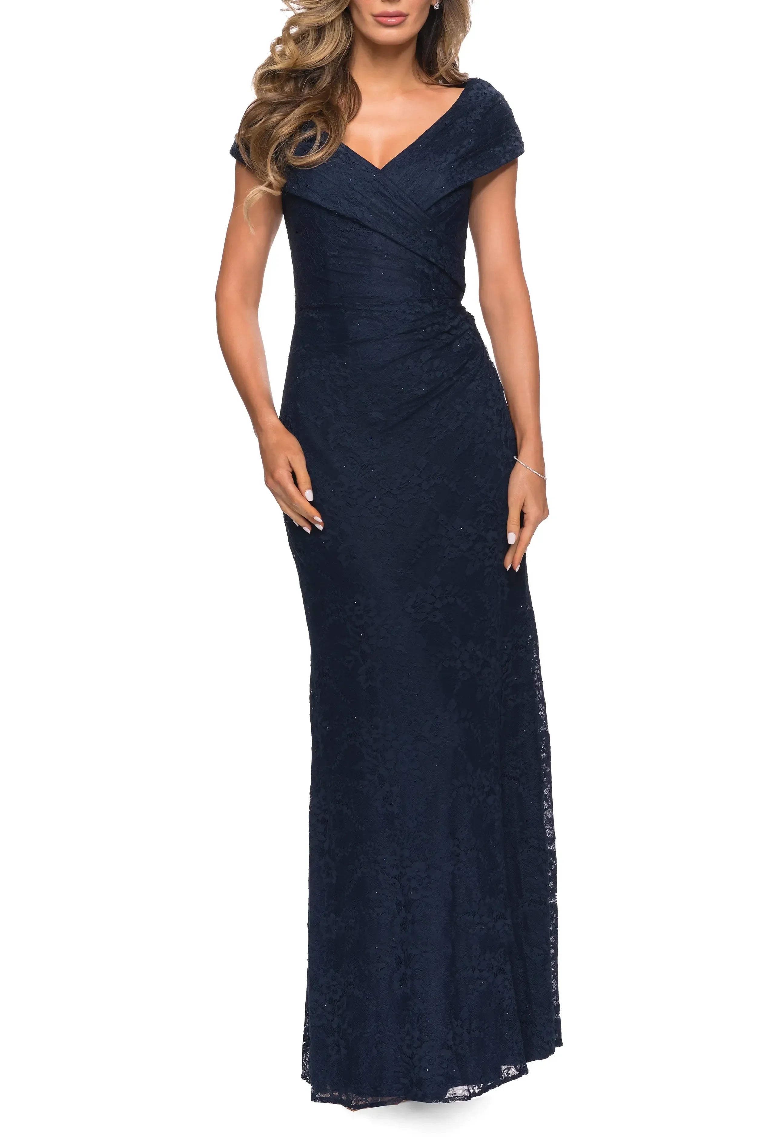 Glamorous Mermaid V Neck Short Sleeve Draped Back Floor Length Evening Dress