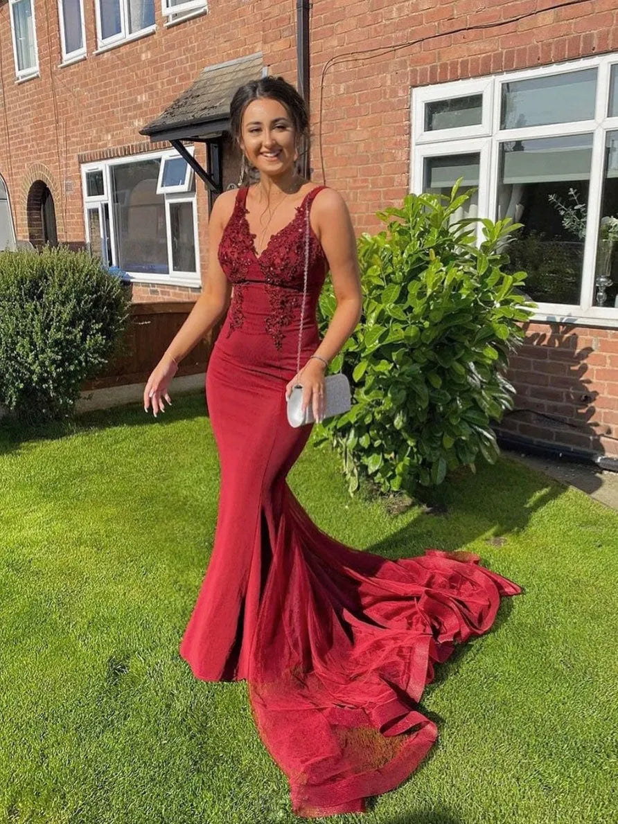 Mermaid V-Neck Sleeveless Beaded Maxi Prom Dress