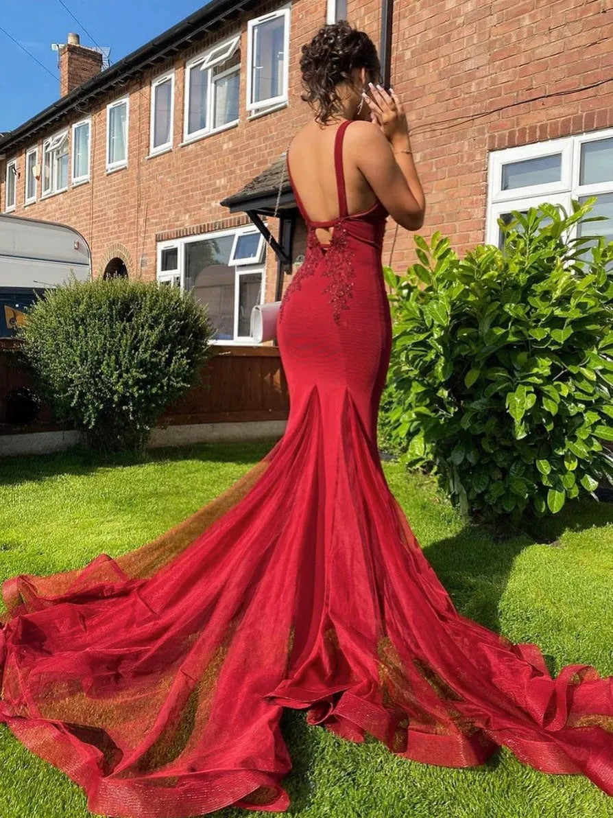 Mermaid V-Neck Sleeveless Beaded Maxi Prom Dress