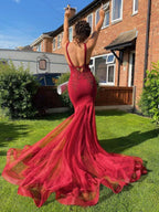 Mermaid V-Neck Sleeveless Beaded Maxi Prom Dress
