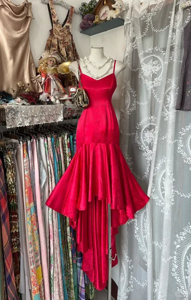 Mermaid V Neck Sleeveless High Low Prom Dress