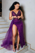 Mermaid V-Neck Sleeveless Sheer Beaded Corset Ruched Evening Dress With Slit & Overskirt