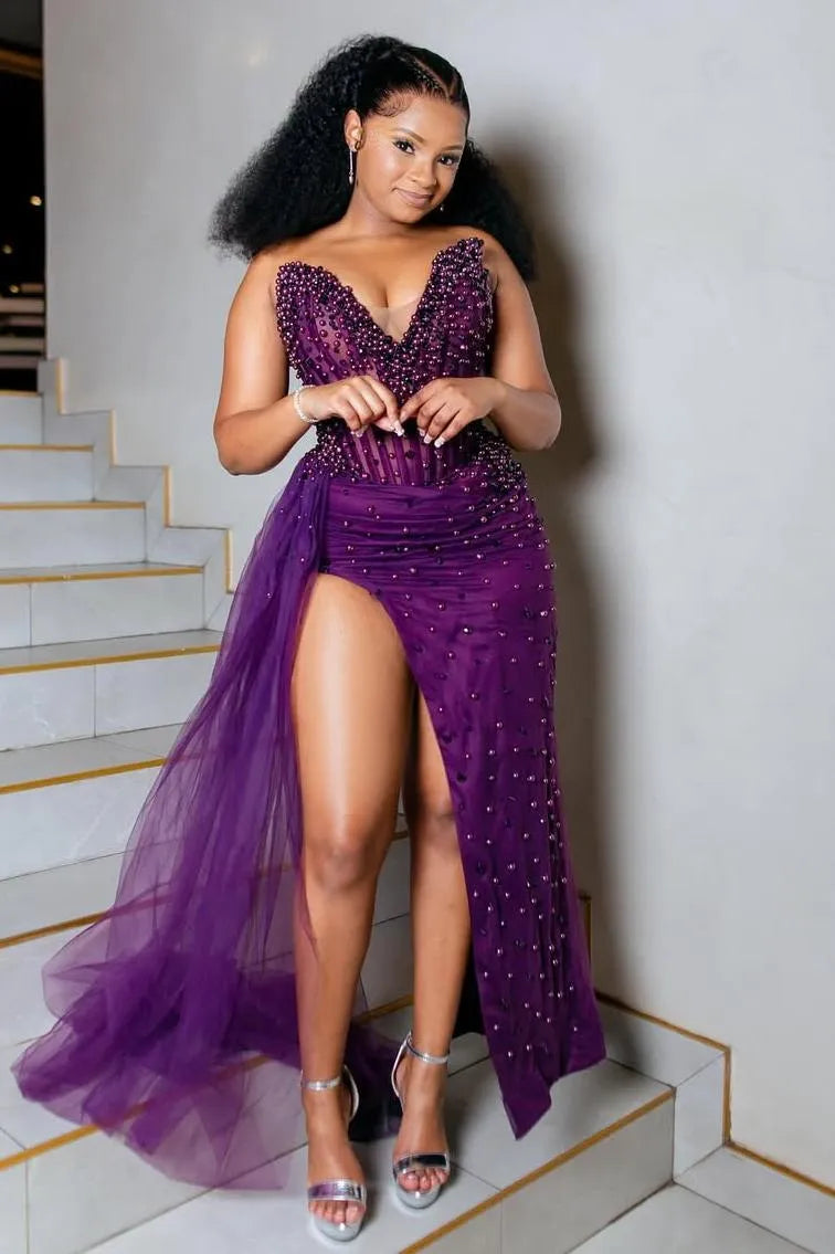 Mermaid V-Neck Sleeveless Sheer Beaded Corset Ruched Evening Dress With Slit & Overskirt