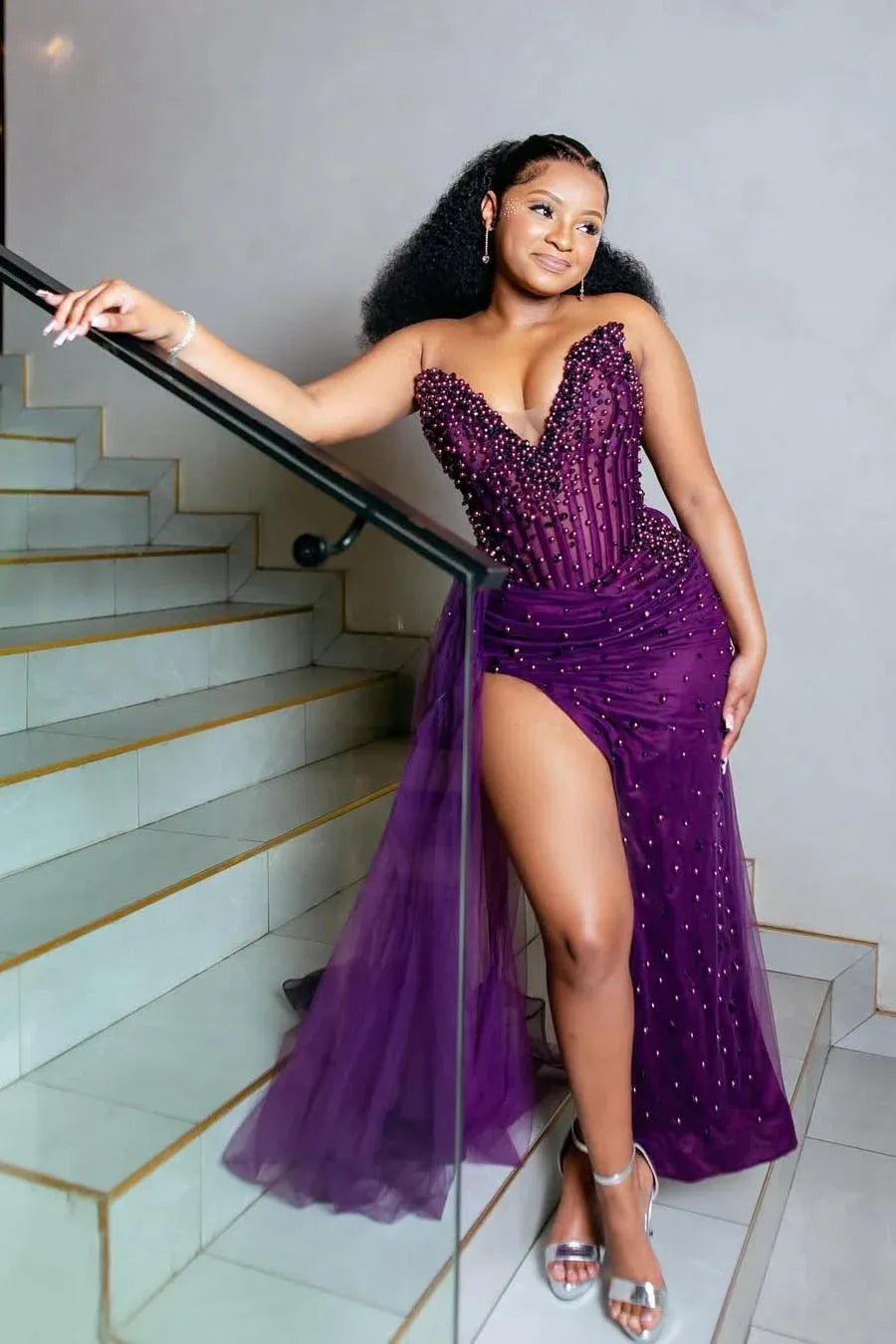 Mermaid V-Neck Sleeveless Sheer Beaded Corset Ruched Evening Dress With Slit & Overskirt