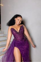 Mermaid V-Neck Sleeveless Sheer Beaded Corset Ruched Evening Dress With Slit & Overskirt