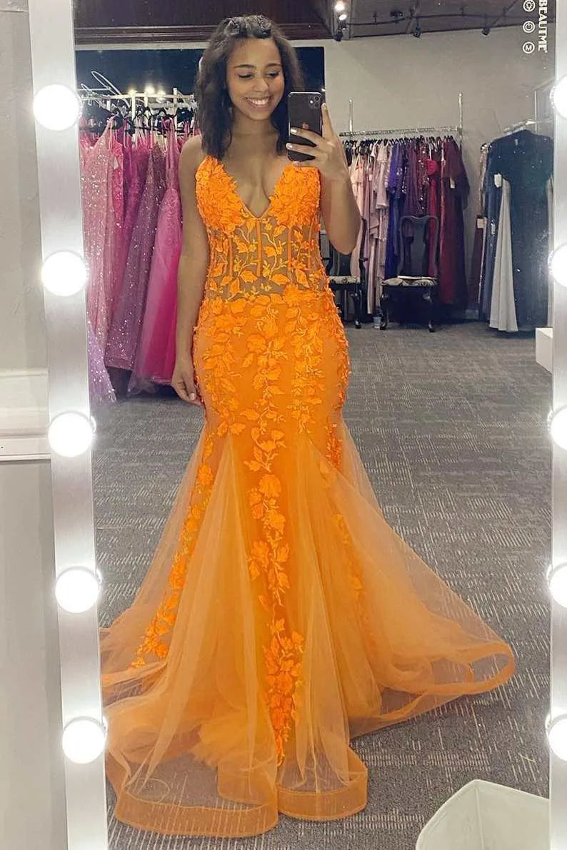 Mermaid V Neck Sleeveless Maxi Prom Dress