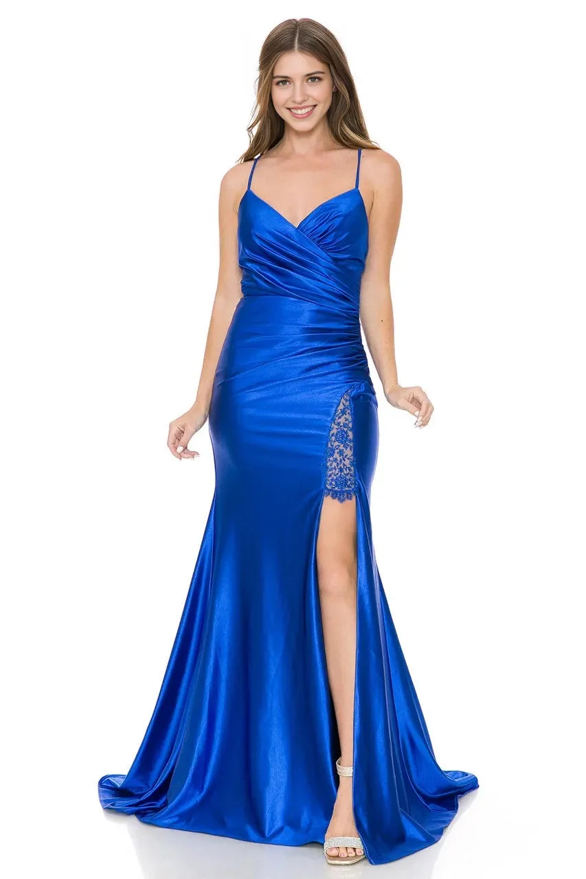 Glamorous Mermaid V Neck Spaghetti Strap Lace Up Back Train Floor Length Prom Dress