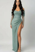 Off-the-Shoulder Long Sleeve Beaded Ruched Maxi Dress with High Slit