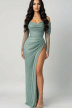 Off-the-Shoulder Long Sleeve Beaded Ruched Maxi Dress with High Slit