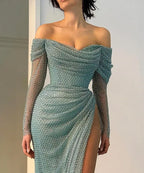 Off-the-Shoulder Long Sleeve Beaded Ruched Maxi Dress with High Slit