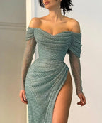 Off-the-Shoulder Long Sleeve Beaded Ruched Maxi Dress with High Slit
