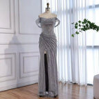 Off-the-Shoulder Ruched Beaded Mermaid Maxi Dress with High Slit