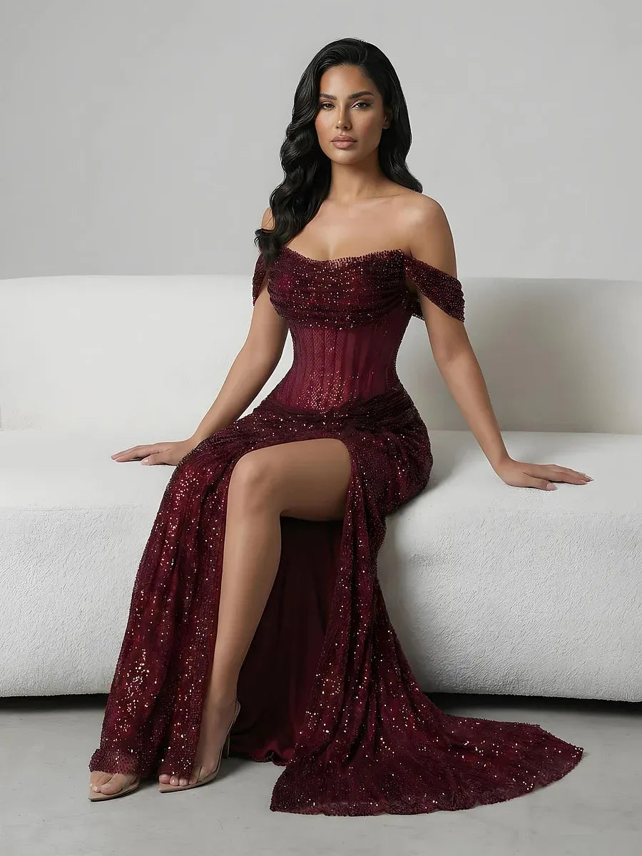 Off-the-Shoulder Ruched Beaded Mermaid Maxi Dress with High Slit