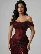 Off-the-Shoulder Ruched Beaded Mermaid Maxi Dress with High Slit