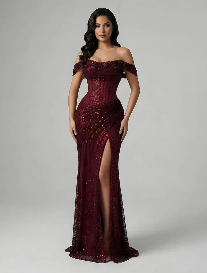 Off-the-Shoulder Ruched Beaded Mermaid Maxi Dress with High Slit