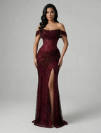 Off-the-Shoulder Ruched Beaded Mermaid Maxi Dress with High Slit