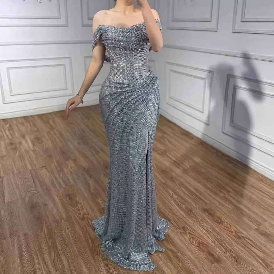 Off-the-Shoulder Ruched Beaded Mermaid Maxi Dress with High Slit