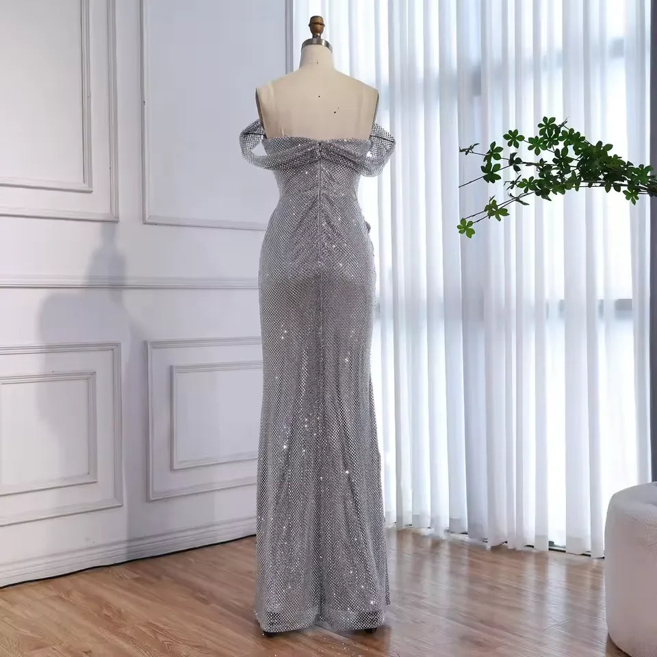 Off-the-Shoulder Ruched Beaded Mermaid Maxi Dress with High Slit