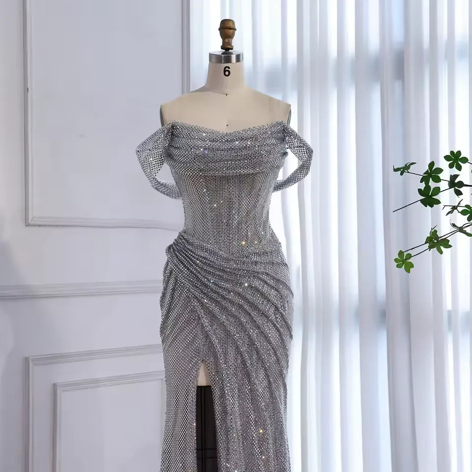 Off-the-Shoulder Ruched Beaded Mermaid Maxi Dress with High Slit