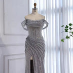 Off-the-Shoulder Ruched Beaded Mermaid Maxi Dress with High Slit