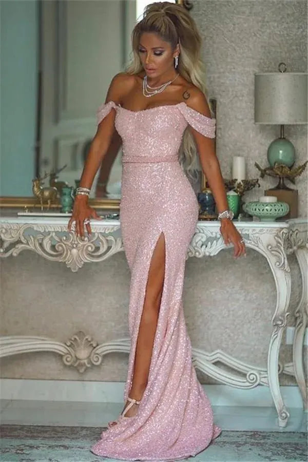 Off-the-Shoulder High Slit Mermaid Maxi Dress with Train