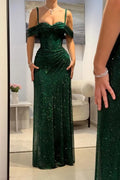 Off-the-Shoulder Spaghetti Strap Ruched Glitter Mermaid Maxi Dress