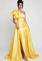 One-Shoulder Bow High Slit A-Line Maxi Dress