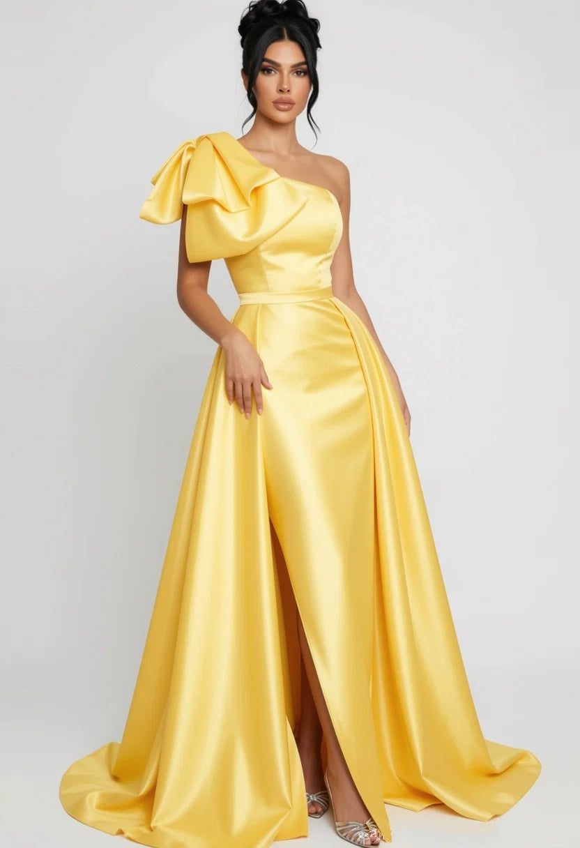One-Shoulder Bow High Slit A-Line Maxi Dress