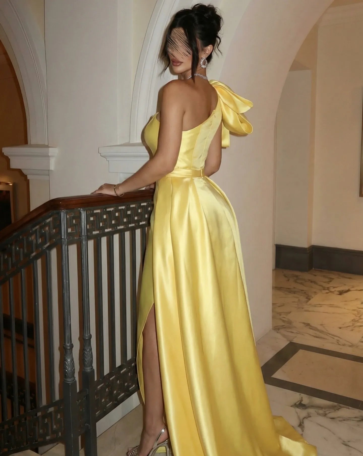 One-Shoulder Bow High Slit A-Line Maxi Dress