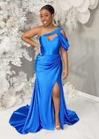 One-Shoulder Ruched Mermaid Maxi Dress with High Slit