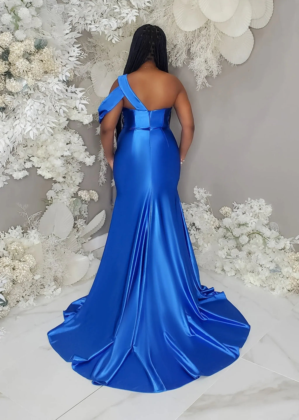 One-Shoulder Ruched Mermaid Maxi Dress with High Slit